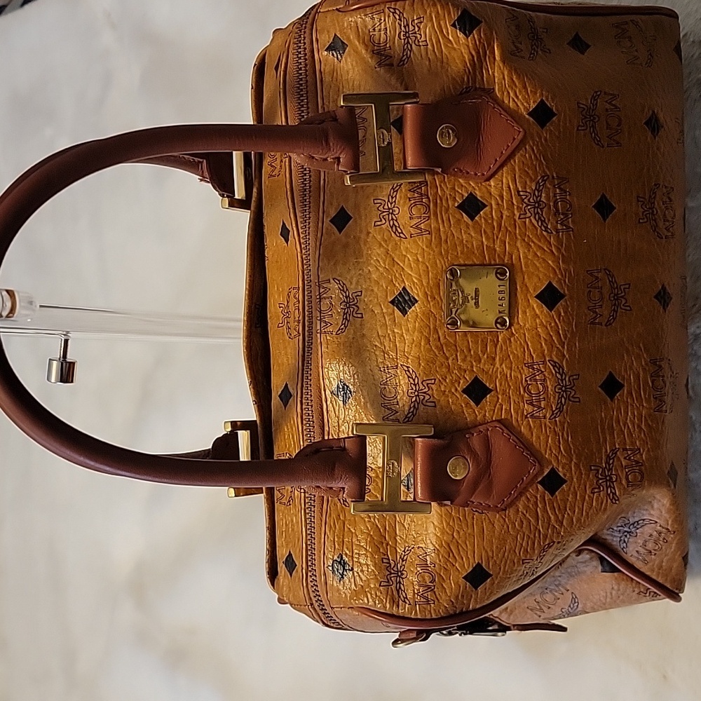 MCM Cognac And Black Visetos BOSTON BAG K4681